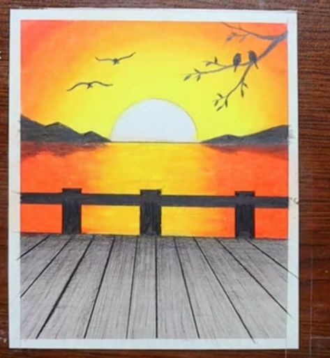 Simple Nature Drawings Color, Canvas Painting Ideas Scenery Easy, Easy Nature Drawings Colour, Sunset Scenery Drawing Oil Pastel, Drawing Ideas Nature Colour, Land Scape Drawing Easy, Oil Pastel Art Easy Sunset, Scenery Drawings Easy, How To Draw Sunset