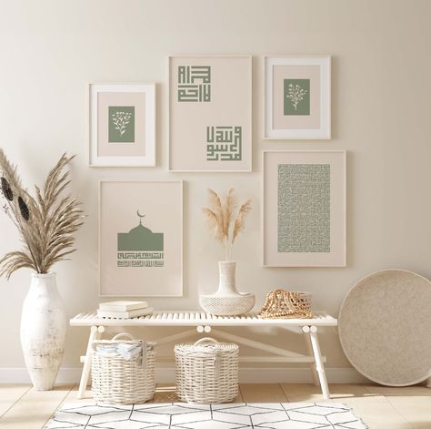 Set of 5 Islamic Wall Art, Sage Green Arabic Calligraphy, Allah Muhammad, Salam Bismillah, Beige Muslim Home Decor Poster, Ramadan Digital Islamic Painting Ideas, Arabic Frame, Islamic Wall Art Printable, Calligraphy Allah, Wall Art Sage Green, Islamic Designs, Muslim Home Decor, Posters Ideas, Arabic Decor