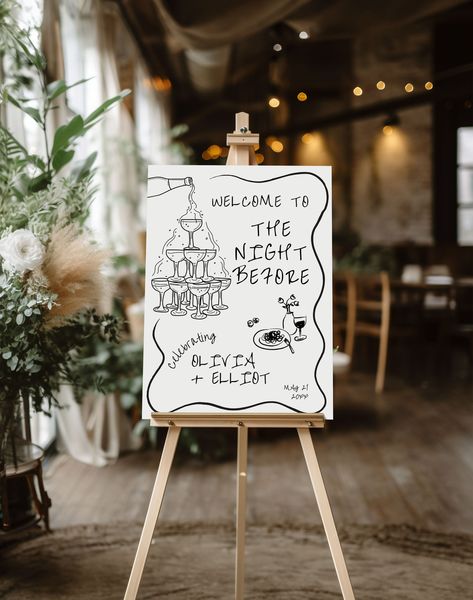 Rehearsal Dinner Sign Template Welcome your guests with a handwritten touch with this rehearsal dinner welcome sign template. This welcome to the night before wedding sign with its hand drawn design matches any wavy wedding rehearsal decor, whimsical wedding decor, or Italian wedding! ⸻ This is a DIGITAL DOWNLOAD editable template - no physical products will be shipped. After purchase, an email with a link to your template will be sent to you within minutes. You'll edit using Templett's online app in your web browser. ⸻ ✨ FREE DEMO - TRY BEFORE YOU BUY ✨ Copy and paste the link below into your browser: https://templett.com/design/demo/bellabooprintables/28177228,28177244 ⸻ WHAT'S INCLUDED * 18" x 24" Rehearsal Dinner Sign Template * A2 - 420mm x 594mm Rehearsal Dinner Sign Template ⸻ MATCH Rehearsal Dinner All White, Rehersal Dinner Tables, Wedding Small Touches, Rehearsal Dinner Venue Ideas, Romantic Wedding Welcome Sign, At Home Rehearsal Dinner Ideas, Dinner Rehearsal Ideas, Night Before Wedding Party, The Night Before Wedding Sign