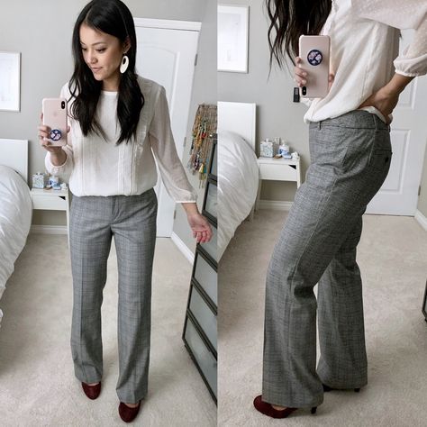 Heather Gray Pants Outfit Work, What To Wear With Gray Pants To Work, Light Gray Work Pants Outfit, Gray Dress Pants Women, Old Navy Work Outfit, Rainy Day Business Casual, Black Dress Pants Outfit For Work, Gray Dress Pants Outfit, Rainy Day Outfits For Women