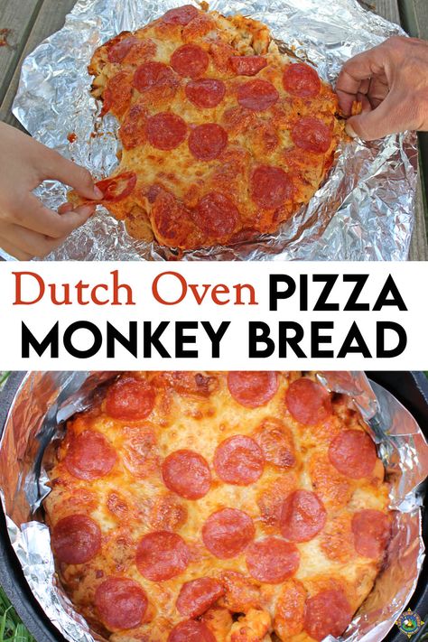 Learn how to make Pizza Monkey Bread in your Dutch oven with this easy and fun camping recipe. Perfect for pizza lovers, this recipe uses refrigerated biscuit dough. Your family will love pulling apart this delicious pizza while enjoying the beautiful outdoors. Dutch Oven Pizza Bread, Monkey Bread In Dutch Oven, Dutch Oven Bread Camping, Dutch Oven Monkey Bread, Pizza Monkey Bread Recipe, Dutch Oven Recipes For Camping, Campfire Dutch Oven Recipes, Bread In A Dutch Oven, Camping Pizza