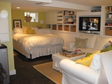 {Basement Beauties} How To Spruce Up The Dungeon Downstairs Bedroom In Basement, Basement Master, Patio Chico, Low Ceiling Basement, Basement Bedroom Ideas, Basement Guest Rooms, Basement Room, Basement Redo, Basement Inspiration