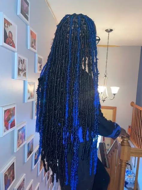 Butterfly Locs: Everything to Know About This Hairdo Soft Locs 28 Inches, Blue And Black Soft Locs, Black And Blue Faux Locs, Blue Peekaboo Locs, Blue Invisible Locs, Blue Hairstyles Braids, Blue Faux Locs Black Women, Blue And Black Butterfly Locs, Blue Twists For Black Women