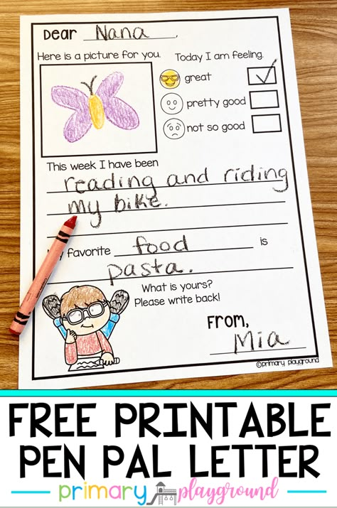 Free Printable Pen Pal Letter - Primary Playground Kindergarten Pen Pal Ideas, Grandparent Pen Pal Ideas, Grandparent Pen Pal Kit, Teaching Letter Writing, Penpal Printables Free, Kid Pen Pal Ideas, Toddler Pen Pal Ideas, Pen Pal Letters For Kids, Kids Pen Pal Ideas