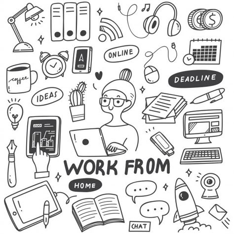 Work from home concept doodle set Premiu... | Premium Vector #Freepik #vector #coffee Work Out Doodles, Doodles On School Work, Technology Doodle, People Doodles, Work Doodles, Doodle Art Letters, Doodle Art For Beginners, Arte Doodle, Doodle Art Journals