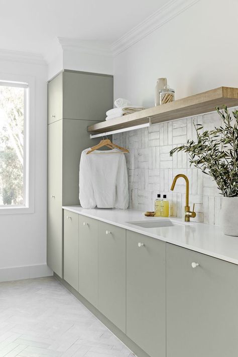 Tiles In Laundry Room, Laminex Seed Cabinetry, Laundry Green Cabinets, Laminex Seed, Green Laundry Cabinets, Laundry Room Ideas Green, Colourful Laundry Room, Laundry Cabinet Design, Green Laundry Room Ideas