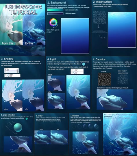 How To Draw Underwater Digital, Underwater Digital Art Tutorial, Underwater Art Tutorial, Water Lighting Reference, Underwater Effect Drawing, Under Water Drawing Tutorial, Ocean Digital Art Tutorial, Underwater Drawing Tutorial, Dynamic Lighting Tutorial