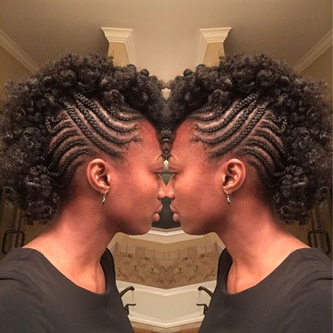 Mohawk Hairstyles For Black Women Short Natural Hair, Braided Mowhak Hairstyle For Black Women, Afro Mohawk Braided Sides, Braided Fro Hawk Natural Hair, Braided Mohawk With Curls, Braided Curly Mohawk, Cornrow Mohawk Hairstyles Black, Black Hair Mohawk Braid Styles, Twisted Mohawk Natural Hair