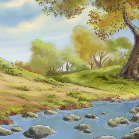 Disney Scenery Backgrounds, Winnie The Pooh Forest, River Drawing, Iphone Background Inspiration, American Countryside, Cottage Illustration, Forest Cartoon, 100 Acre Wood, Winnie The Pooh Pictures