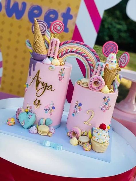 26 Candyland Birthday Party Ideas for Kids - Lady Celebrations Candy Land Cake Design, Two Sweet Birthday Cakes, Candyland Cake Design, 2 Cakes Joined, Too Sweet 2nd Birthday Cake, Candyland First Birthday Party Girl, Four Ever Sweet Birthday Cake, Double Cake Design, Two Sweet Party 2nd Birthday Cake