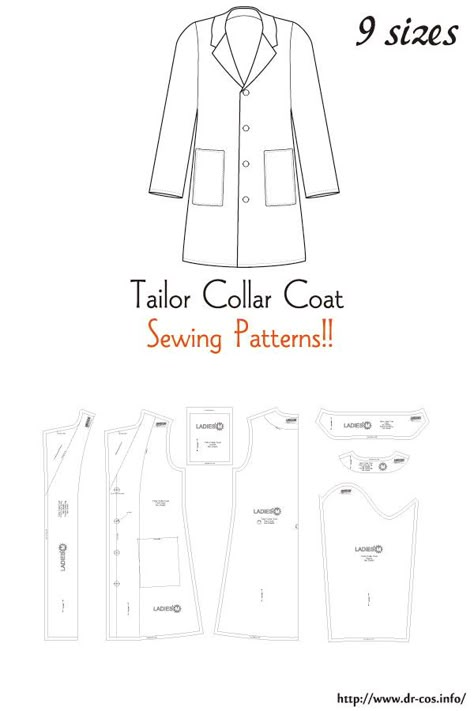 This is the pattern of a Tailor Collar Coat. inch size(letter size) Children's-4,8,10/Ladies'-S,M,L,LL/Men's-L,LL cm size(A4 size) Children's-100,120,140/Ladies'-S,M,L,LL/Men's-L,LL Womens Coat Outfit, Trench Coat Pattern Sewing Free, Coat Collar Pattern Drafting, Clothing Patterns Men, Free Coat Pattern, Sewing Coat Pattern, Easy Coat Pattern, Coat Collar Pattern, Lab Coat Pattern