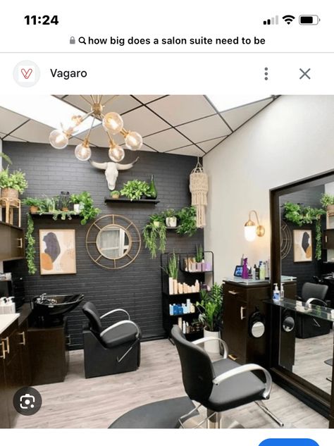 Coffee Bar In Salon Ideas, Decorate Salon Suite, Black And Silver Salon Decor, Loc Salon Ideas, Black White And Green Salon Decor, One Person Hair Salon Ideas, Black Accent Wall Salon Suite, Minimalist Beauty Salon Decor, Small Salon Space Decor