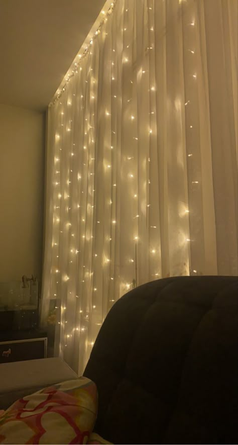 Mesh Curtain With Fairy Lights, Fairy Lights Bedroom Bunk Bed, Fairy Lights Bedroom Curtains, Fairy Lights In Curtains, Twinkle Light Curtains, White Curtains With Lights, Light Up Room Decor, Hanging Room Lights, Fairy Lights Around Room