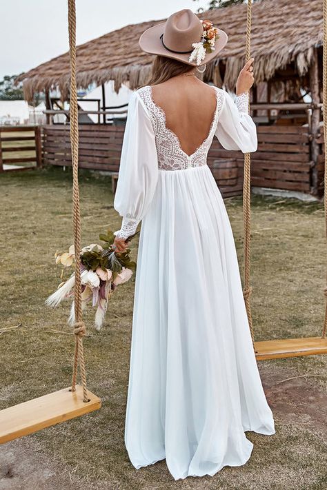 Country Boho Wedding Dress Plus Size, Country Dress Wedding, Elegant Boho Wedding Dress Long Sleeve, Wedding Dresses Comfortable, Loose Long Sleeve Wedding Dress, Boho Summer Wedding Dress, Boho Wedding Dress With Sleeves Bohemian, Casual Fall Wedding Dress, February Wedding Dress