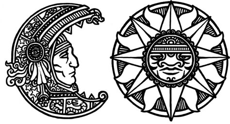 Sun And Moon Mexican Art, Aztec Moon Tattoo, Mayan Drawings, Aztec Moon, Duo Tattoo, Maya Temple, Sun And Moon Drawing, Scraped Knee, Tattoos 2024