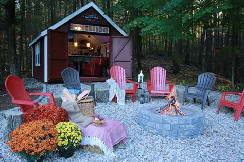 The New Trend We're Loving: The Bar Shed perfect for the outdoorsy type. Transform your backyard into the ultimate campsite by adding rustic touches such as barn doors, hand-carved signs and soft natural lighting. Backyard Shed Landscaping, Bbq Backyard, Cheap Fire Pit, Shed Landscaping, Shed Makeover, Backyard Storage Sheds, Bar Shed, Fire Pit Landscaping, Pub Sheds