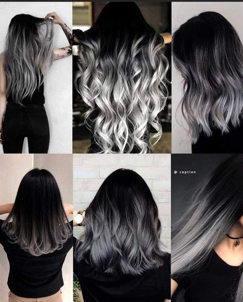 Gray Hair Black Roots, Black And White Balayage, Black Hair With Grey Balayage, Black And Grey Ombre Hair, Black To Grey Hair, Brown To Silver Ombre, Grey And Black Hair, Black To Grey Ombre Hair, Grey Black Hair