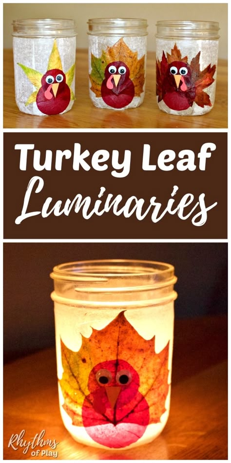 Leaf Luminaries, Rustic Thanksgiving Decorations, Fun Thanksgiving Crafts, Thanksgiving Turkey Craft, Thanksgiving Crafts Diy, November Crafts, Rustic Thanksgiving, Mason Jar Lanterns, Turkey Crafts