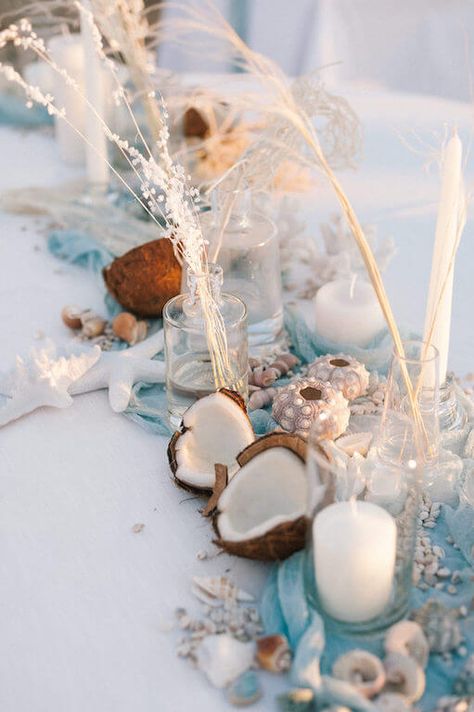 Coconut Wedding Table Decor, Beachy Table Settings, Blue Beach Wedding Decorations, Sea Table Setting, Starfish Table Decor, Beach Table Decorations Sea Theme, Coconut Wedding Decoration, Ocean Wedding Table Decor, Blue Ocean Wedding Theme