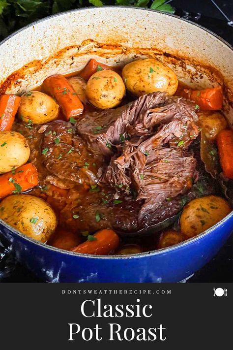 This Classic Pot Roast is the perfect comfort food. Tender braised melt-in-your mouth beef, creamy potatoes, and carrots, with a rich velvety broth. Beef Bouillon Recipe, Roast Beef And Potatoes, Recipes For Beef, Leftover Pot Roast, Pot Roasts, Perfect Pot Roast, Beef Stews, Roasted Potatoes And Carrots, Pot Roast Crock Pot Recipes