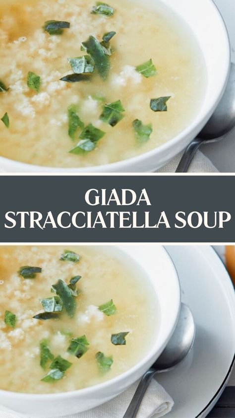 Giada Stracciatella Soup Strachatelli Soup, Giada Italian Wedding Soup, Stracciatella Recipe, Stracciatella Soup, Bread Crumb Chicken, Soup Dishes, Giada Recipes, Garlic Soup, Soup Dish