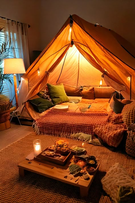 Looking for unique at-home date ideas? Try indoor camping! We've compiled a list of romantic ideas to transform your living room into a dreamy campsite. Click for our top picks of date night games and activities to keep the spark alive. Camping Inside The House, Camp Date Night Romantic, Camping Indoors Kids, Date Night Home Ideas, Balcony Date Night Ideas, Romantic Camping For Two, Partner Dynamics, Indoor Date Ideas At Home, Dates Ideas Aesthetic