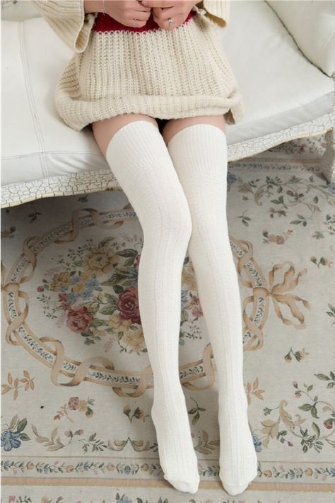 The thigh-high knitted socks with classic cable knit pattern construction look more fashionable and stylish. wear this in three styles thigh-high stocking, slouchy socks, and knee-high stocking. #kneehigh #kneehighsocks Thigh High Socks Aesthetic, Cute Thigh High Socks, White Thigh High Socks, Workout Leggings Outfit, White Thigh Highs, Socks Aesthetic, Thigh Socks, Knit Boot Socks, Knee High Stockings