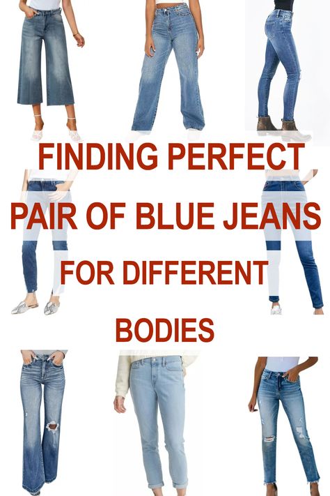 Here's a general guide on how to choose the perfect pair of blue jeans for different body types. Jeans For Body Type Shape, Jeans For Big Hips, Jeans Body Type, Jeans For My Body Type, Jeans For Short Women Body Types, Jeans For Petite Women Body Types, Jean Length Guide, Jean Fit Guide Woman, Jeans Fitting Guide Woman