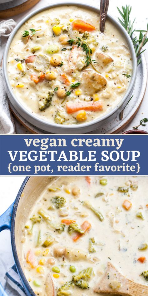 Creamy Vegetable Soup (Vegan) - Dishing Out Health Creamy Vegan Vegetable Soup, Wfpb Vegetable Soup, Vegan Creamy Soup Recipes, Healthy Filling Soups, Vegan Cream Soup, Vegan Veggie Soup, Vegan Soup Recipes Healthy, Creamy Vegan Soup, Vegetable Soup Vegan