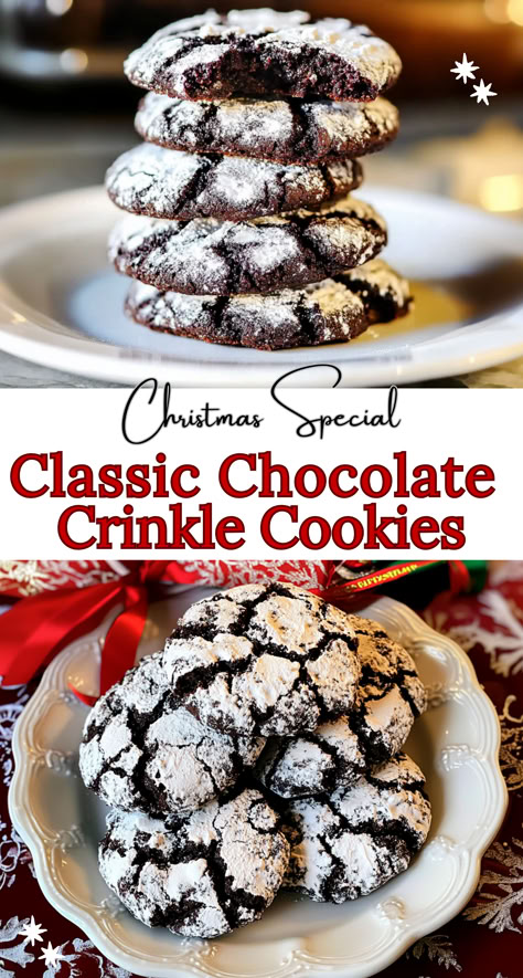 Chocolate crinkle cookies are a holiday classic, known for their beautiful cracked surface dusted with powdered sugar and their rich, chocolatey flavor Christmas Crinkle Cookies Recipe, Crinkle Brownie Cookies, Cracked Chocolate Cookies, Chocolate Cracked Cookies, Food Network Cookie Recipes, Betty Crocker Chocolate Crinkle Cookies, Brownie Crinkle Cookies Recipe, Bakers Chocolate Recipes Unsweetened, Cocoa Crinkle Cookies