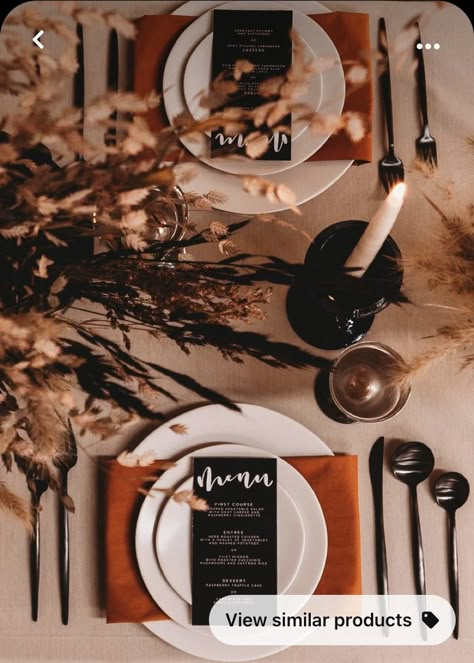 Black Silverware Table Settings Wedding, Black Rust And Gold Wedding, Black And Rust Table Setting, Black White Rust Wedding, Black Gold Burnt Orange Wedding, Dehydrated Citrus Wedding Decorations, Black Flatware Table Setting Wedding, Black And Orange Table Decor, Black And Rust Wedding Table