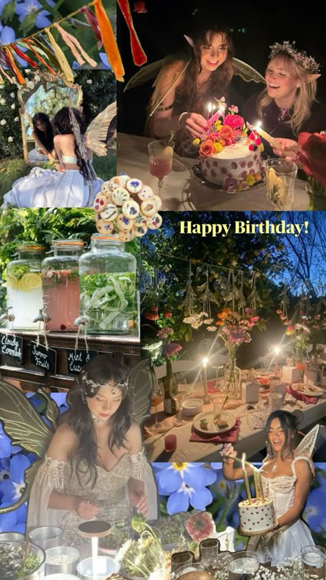 Fairy 21st Birthday Party, Fairy Aesthetic Birthday Party, 26 Birthday Theme Ideas, Goblincore Birthday Party, Witchy Themed Birthday Party, Forest Fairy Birthday Party, Fairy Birthday Party Ideas Adults, Fairy Garden Ideas Party, Fairy Tea Party Aesthetic