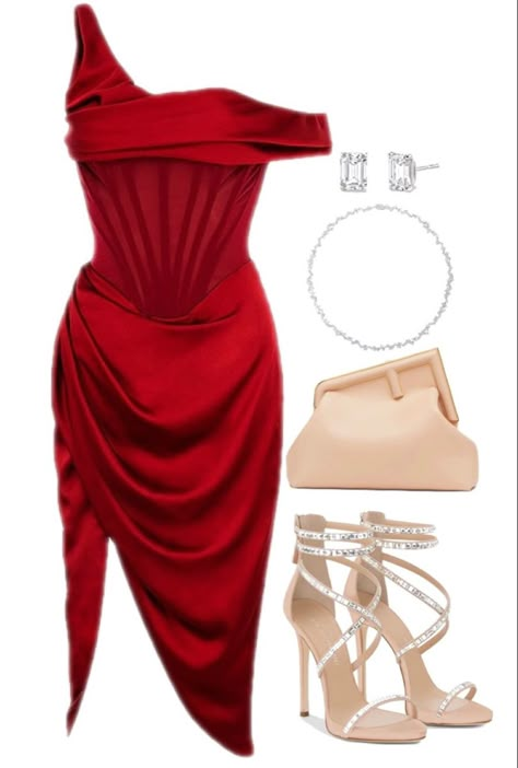 Red Dress Outfit Accessories, Earrings For Off Shoulder Dress, Red Dress With Accessories, Beautiful Red Dresses Classy, Red Dress Necklace, What Heels To Wear With Red Dress, Heels That Go With Red Dress, Red Dress Heels Outfit, Red Dresses Outfits