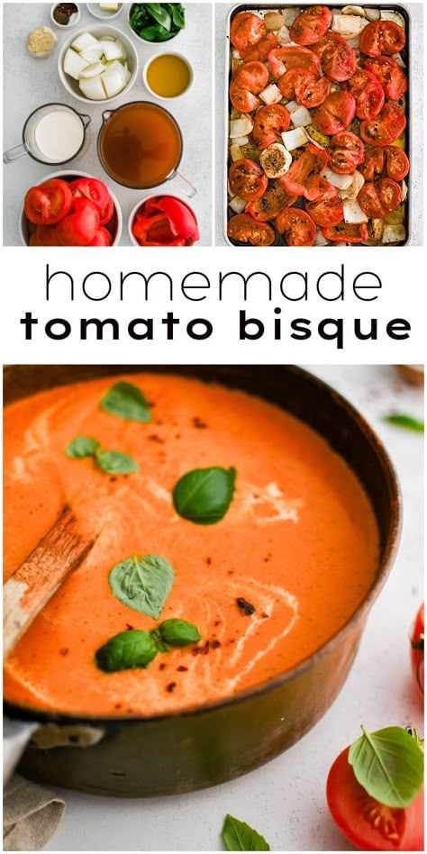 This silky-smooth Tomato Bisque Recipe is irresistibly rich, creamy, indulgent, and easy to make! Packed with rich tomato flavor, it's the ultimate comfort food and a million times better than canned tomato soup! Creamy Tuscan Tomato Soup, Ultimate Tomato Soup, Roasting Tomatoes For Soup, Tomato Soup Immersion Blender, Ham And Tomato Soup, What To Make With Tomato Soup, Big Tomato Recipes, Tomatoe Bisque Soup From Scratch, Soft Tomatoes What To Do With