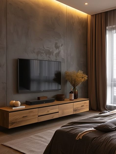 60 Aesthetic Bedroom TV Wall Designs to Create Your Dream Space Tv Stands Bedroom, Tv Wall Design Bedroom Floating Shelves, Living Room Media Wall Design Modern, Feature Wall Ideas Tv, Tv Back Wall Design, Tv Near Window, Tv On Bedroom Wall, Tv Wall Design Modern Master Bedrooms, Tv Unit Cabinet Design