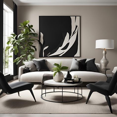 Black and white living room, comment with 🖤 if you like it Black Theme Interior, Black And White Lounge Decor, Black And White Waiting Room, Black And White Furniture Living Room, Black And White Living Room Aesthetic, Black And White Living Room Decor Apartment, Black And White Wall Art Living Room, Black Themed Living Room, Black And White Modern Living Room