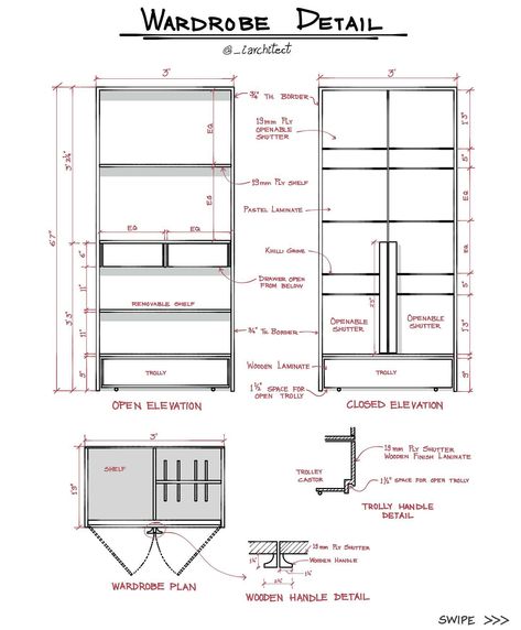 Wardrobe Detail #architecture #details #construction #wardrobedesign #architecturaldetails Detail Drawings Interior Design, Closet Detail Drawing, Wardrobe Details Interior Drawing, Wardrobe Elevation Design, Detail Drawing Architecture, Wardrobe Detail Drawing, Interior Details Drawing, Wardrobe Elevation, Wardrobe Drawing