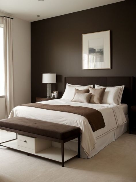 Chocolate Brown Accent Wall, Brown And Cream Bedroom, Brown Bedroom Walls, Painting An Accent Wall, Chocolate Bedroom, Dark Brown Bedrooms, Brown Bed Frame, Cream And White Bedroom, Brown Accent Wall