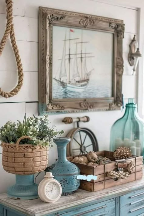 Coast Decor, Mermaid Home Decor, Barn Wood Picture Frames, Rustic Wooden Shelves, Coastal Farmhouse Decor, Beach House Interior Design, Ship Decor, Farmhouse Decor Ideas, Coastal Vibes