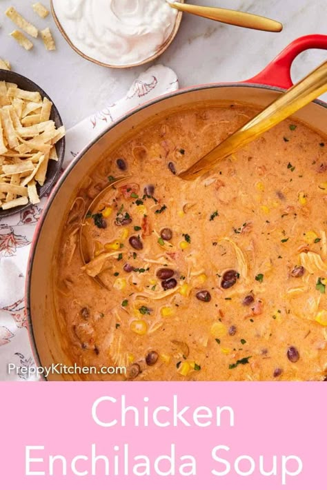 This easy Chicken Enchilada Soup is deliciously creamy and is packed with protein, corn, beans, and zesty spices. Ready in 30 minutes, it is a satisfying quick-fix dinner the whole family will love! Enchilada Chicken Chili, White Chicken Enchilada Soup Crock Pot, Chicken Enchilada Soup Easy Stovetop, Creamy Chicken Enchilada Soup Crock Pot, Chicken Soup Enchiladas, Cheesy Enchilada Soup, Chicken Enchilada Soup Instant Pot, Creamy Enchilada Soup, Friends Dinner Ideas