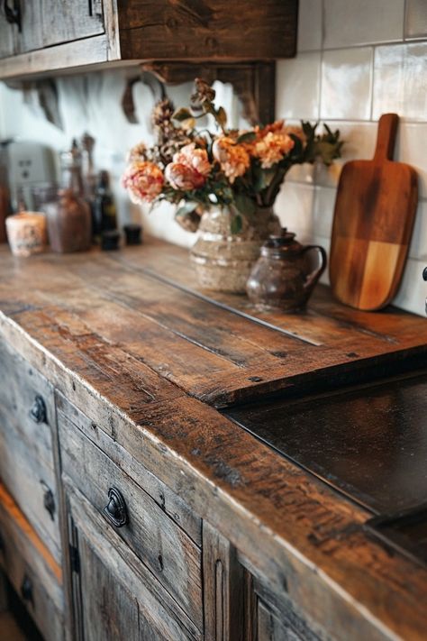 13 Stunning Kitchen Counter Decor Ideas To Inspire – DreamyHomeStyle Raw Wood Countertop, Rustic Wood Countertops Kitchen, Wood Look Countertops, Dark Wood Countertops Kitchen, Barnwood Countertop, Kitchen Counter Wood, Rustic Wood Countertops, Wood Kitchen Countertops, Rustic Kitchen Countertops