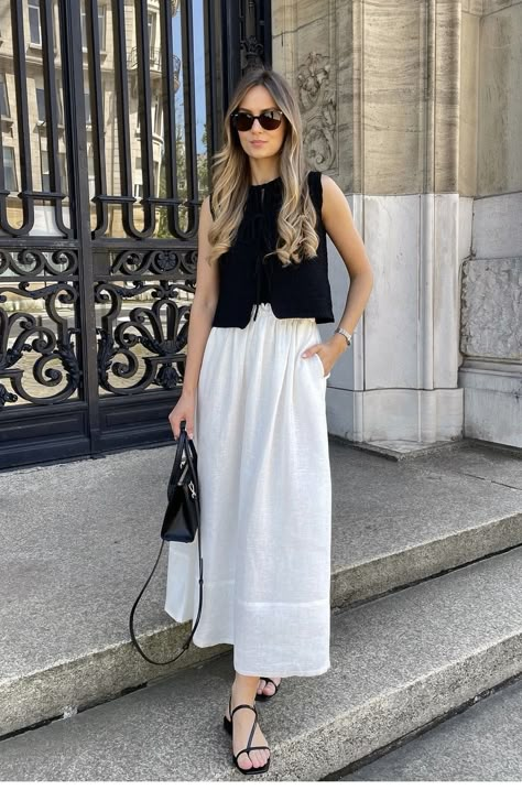 Formal Work Outfits Women Summer, Light Skirt Outfits, Linen Skirt Fall Outfit, Linen White Skirt Outfit, Blue Linen Skirt Outfit, Black Linen Skirt Outfit Summer, Midi A Line Skirt Outfits, White Linen Maxi Skirt Outfit, White A Line Skirt Outfit