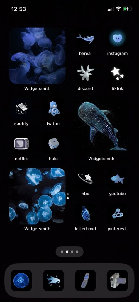 Marine Life Wallpaper Iphone, Marine Life Widgets, Shark Themed Iphone, Sea Animal Phone Theme, Jellyfish Homescreen Ideas, Aquatic Home Screen, Jellyfish Iphone Theme, Ocean Themed Phone Icons, Sea Themed Phone Layout