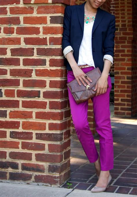 navy blue blazer, white tee, j crew pink/fuchsia pants. I wish I could afford J Crew... Tear. Bright Pants, Recipes Chili, Purple Pants, Casual Workwear, The Holy Bible, Fashion Victim, Work Attire, Holy Bible, Work Fashion