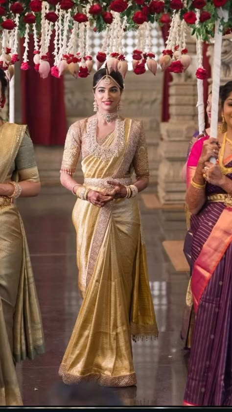 Gold Pattu Saree Indian Bridal, Engagement Half Saree South Indian, Gold Kanchipuram Bridal Saree, Golden Half Saree, Bridal Pattu Sarees Wedding, Thalambralu Saree, Gold Pattu Saree, Reception Lehanga, Traditional Saree Blouse Designs