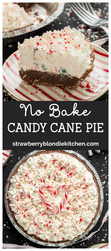 Layers of JELL-O chocolate pudding, creamy cream cheese filling and crushed peppermint candies make this No Bake Candy Cane Pie the perfect holiday dessert! | Strawberry Blondie Kitchen Candy Cane Desserts, No Bake Candy, Candy Cane Pie, Candy Cane Dessert, Dessert Halloween, Desserts Christmas, Brownie Desserts, Dessert Party, Christmas Foods