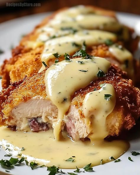 Chicken Cordon Bleu with Swiss Cheese Sauce Recipe - Classic & Delicious - Recipes By Clare Swiss Cheese Sauce Recipe, Swiss Cheese Sauce, Chicken Delight, Ham And Swiss, A Lot Of Food, Cheese Sauce Recipe, 2023 Recipes, Nice Recipes, Chicken Cordon