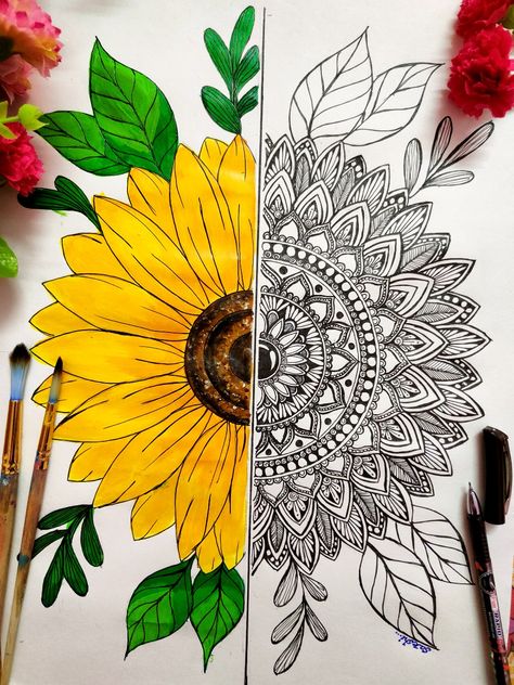 Drawing Of Sunflower Simple, Mandala With Sunflower, Mandala Art Sunflower, Aesthetic Sunflower Drawing, Sunflower Mandala Drawing, Zentangle Sunflower, Sunflower Drawing Simple, Mandala Sunflower, Sunflower Sketches