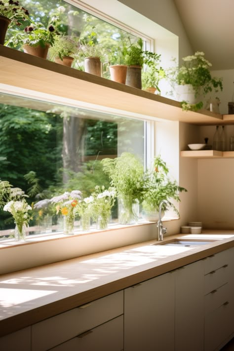 Kitchen Garden Window Over Sink Ideas - Quiet Minimal Plants Over Kitchen Window, Plants By Kitchen Window, Kitchens With Plants, Kitchen With Open Window, High Kitchen Windows, Shelf Across Kitchen Window, Kitchen Window With Plants, Window In Kitchen Above Sink, Window Plants Outdoor