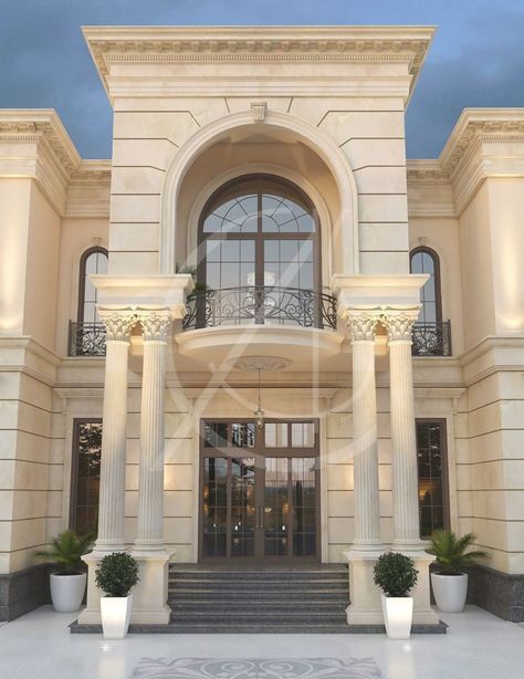 Double height arch emphasizes the entrance to the neoclassical palace, held by Corinthian columns that accentuate the classical style of the palace's exterior design, by Comelite Architecture, Structure and Interior Design. #mansionhomes #luxuryhome #luxuryhouse #facadedesign #exteriordesign #traditionalexterior Front Pillars, Italian Chateau, Columns Design, Municipal Hall, Classic Exterior Design, Corinthian Columns, Architecture Structure, Home Designs Exterior, Neoclassical Design